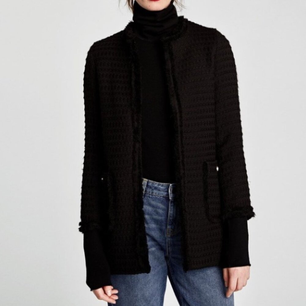 💛Zara Black Fringe Moroccan Tweed Jacket Coat with Gold Buttons, Size Small (S)